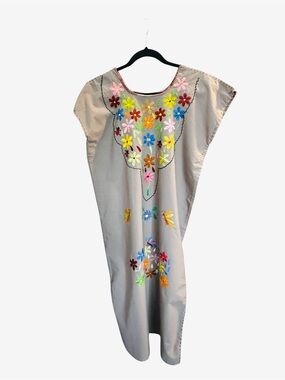 Hand-Embroidered Beige Mexican Huipil Dress with Multicolor Floral Detail